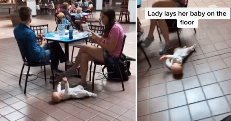 Imagini șocante într-un mall: o mamă își lasă bebelușul culcat direct pe podeaua unui restaurant