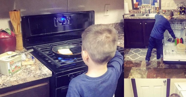 O mamă este criticată pentru că postează poze cu fiul ei făcând treburi casnice